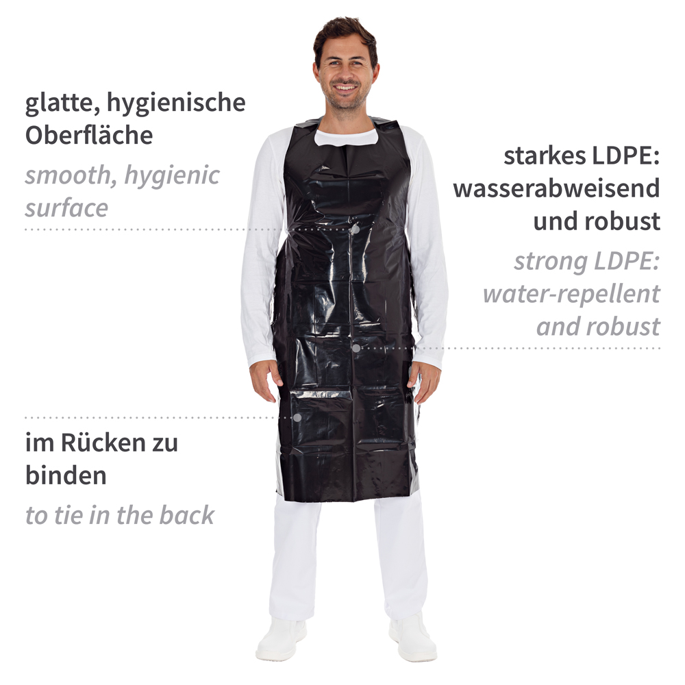 Disposable aprons approx. 60 my from LDPE in the front view with description in black