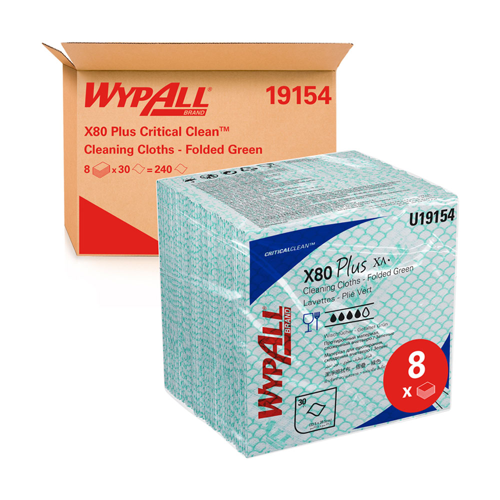 WypAll® X80 Plus Critical Clean™ cleaning cloths, quarterfold in the oblique view