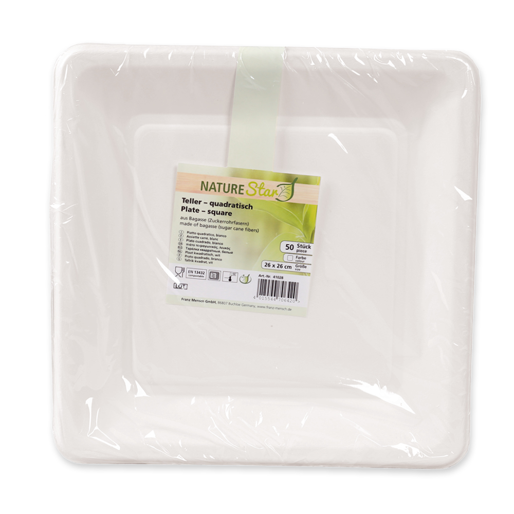 Organic plates, square made of bagasse, Packaging