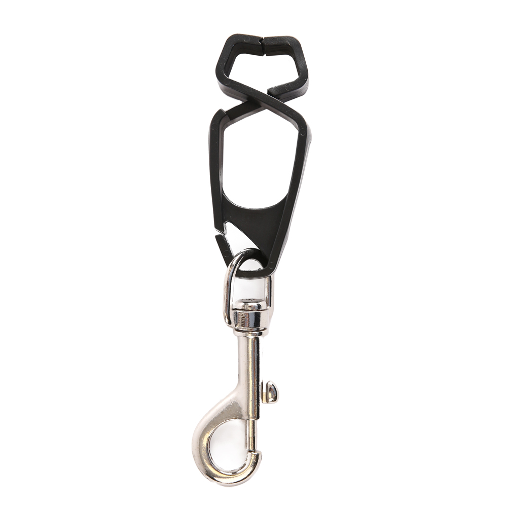 Glove clips with carabiner in black made of plastic in the front view