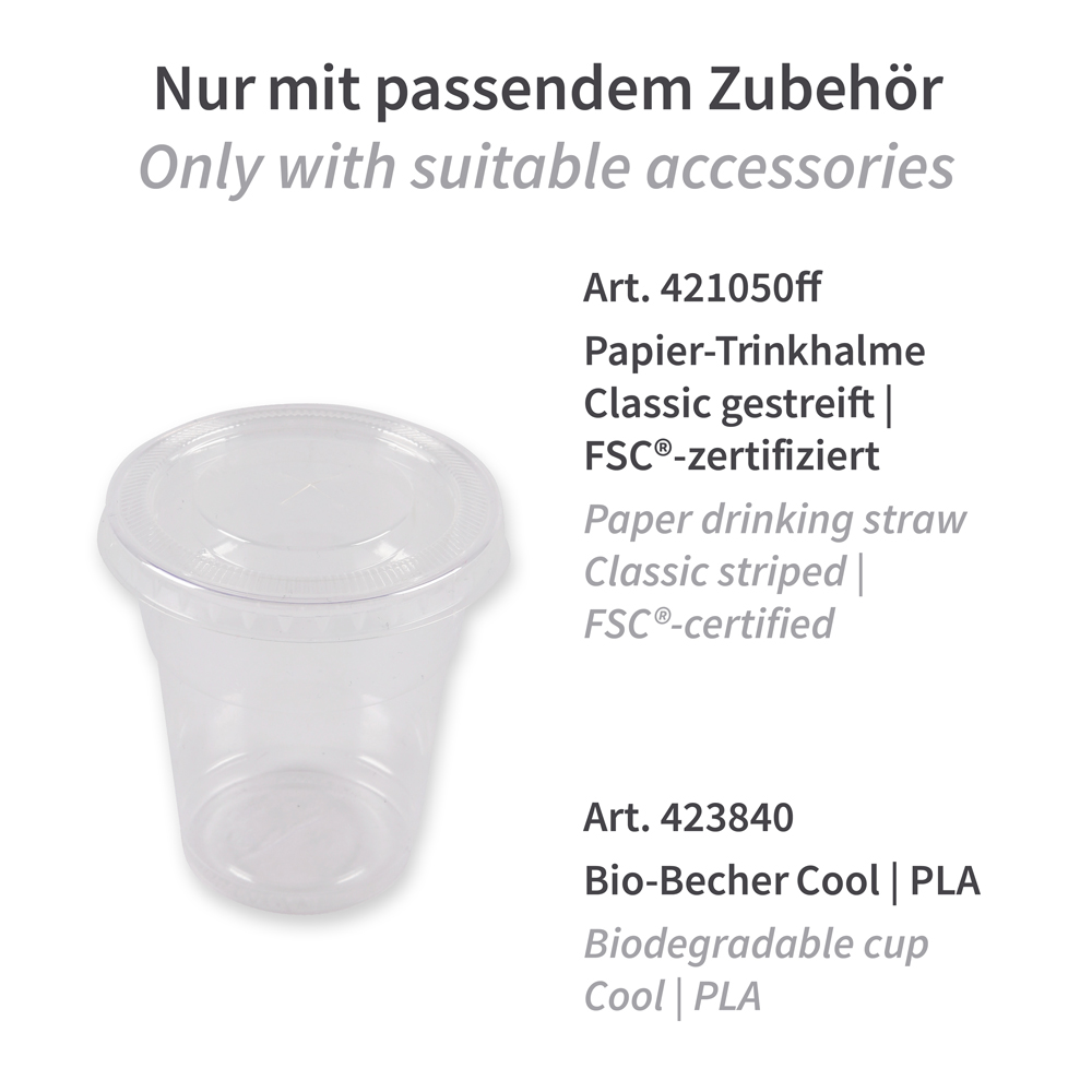 Flat lids for cold beverages cups with straw slot made of PLA, art 423866 with suitable accessories