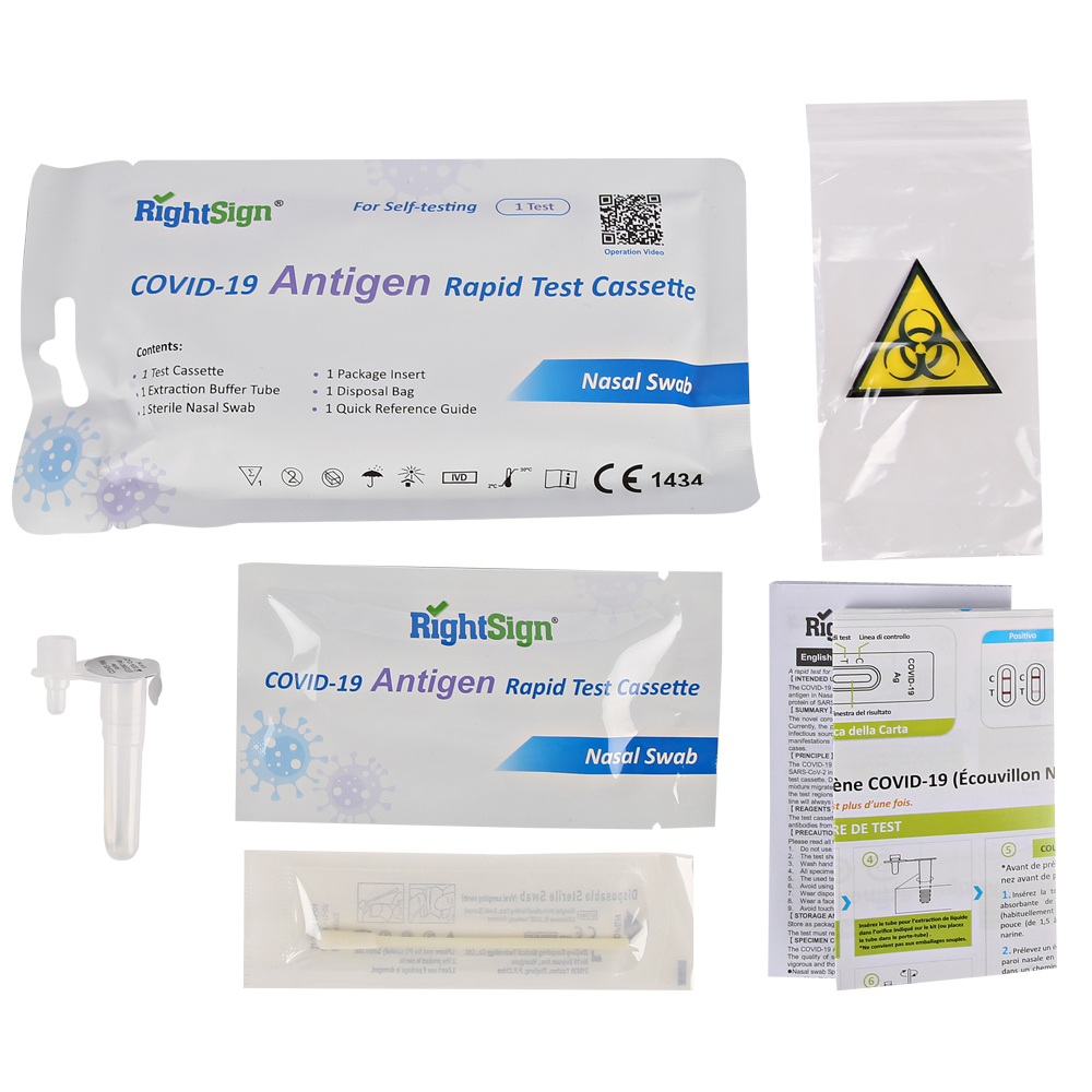 RightSign COVID-19 Antigen-Schnelltestkassette in der Einzelverpackung mit Inhalt