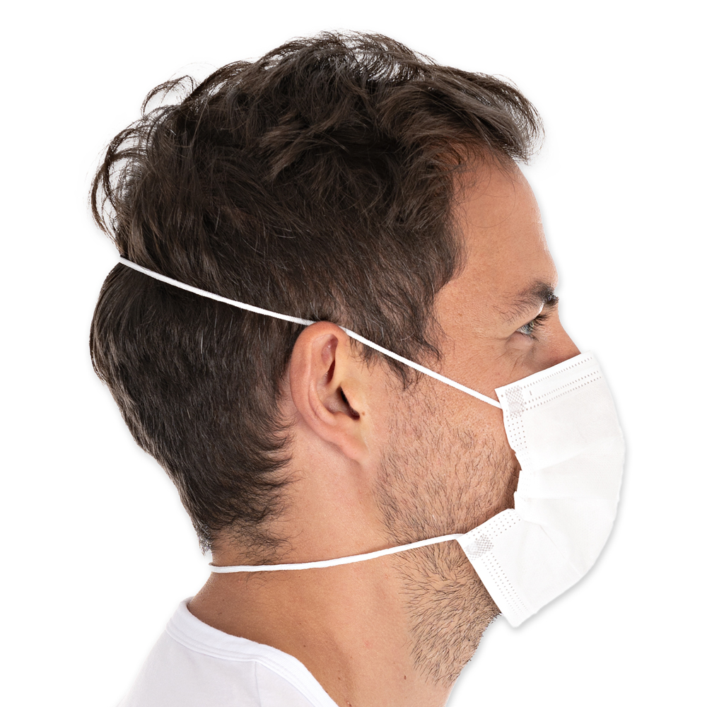 Mundschutz Typ II, 3-lagig aus PP, Kopfband in der Seitenansicht weiss