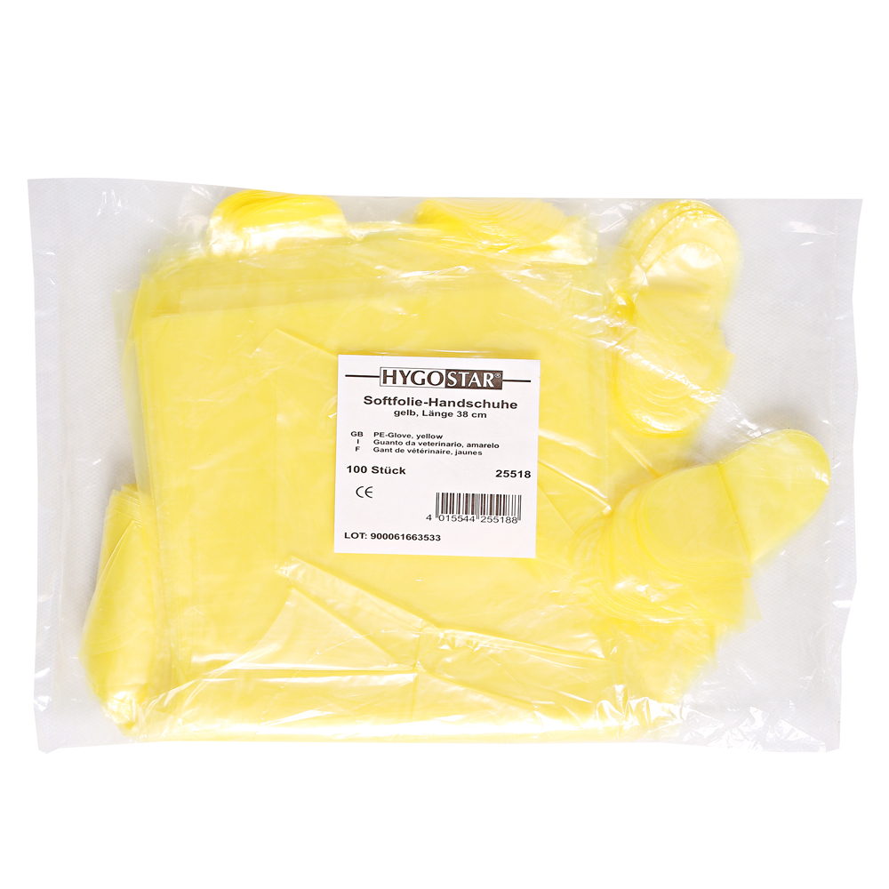 LDPE gloves Softline in yellow in the packaging