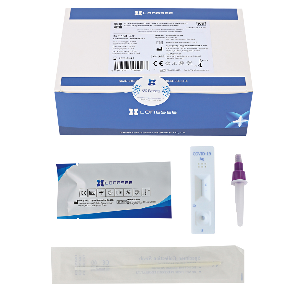 Longsee SARS-CoV-2 Antigen-Schnelltest mit Verpackung und Inhalt