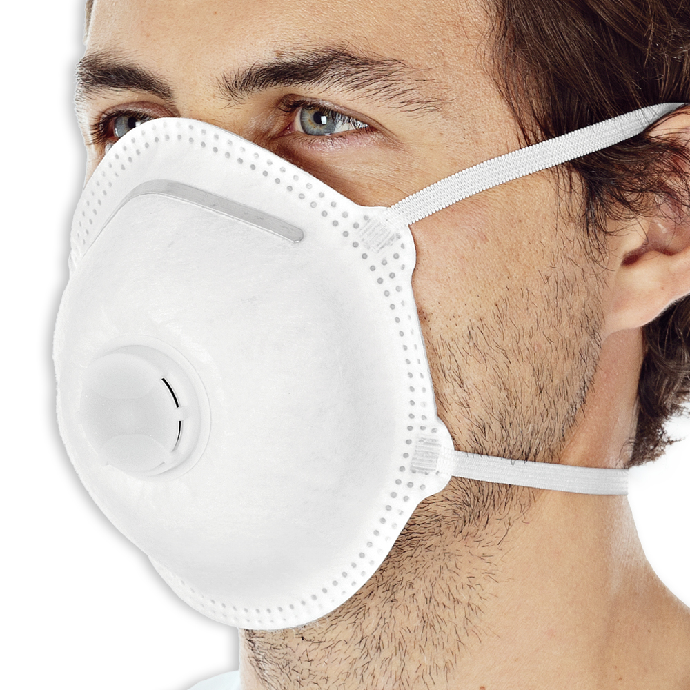 Respirators FFP2 NR D with valve, cup-shaped made of PP in the close oblique view