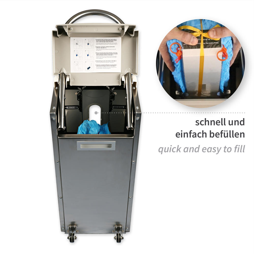 Überschuhspender "Hygomat Cleanroom" | Befüllung Überschuhspender "Hygomat Cleanroom" während Befüllung