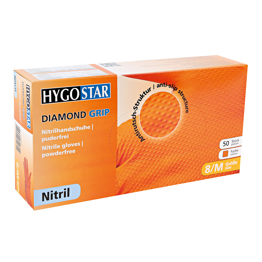 Nitrile gloves Diamond Grip, powder-free in orange in the dispenser box