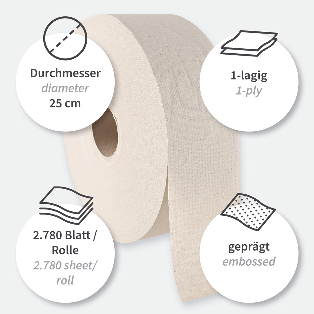 Toilet paper, Jumbo, 1-ply | recycled paper, features Toilet paper, Jumbo, 1-ply made of recycled paper, features