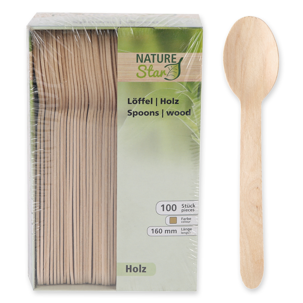 Bio Einweglöffel | Birkenholz, Verpackung und Löffel Bio Einweglöffel aus Birkenholz in der Verpackung mit Löffel