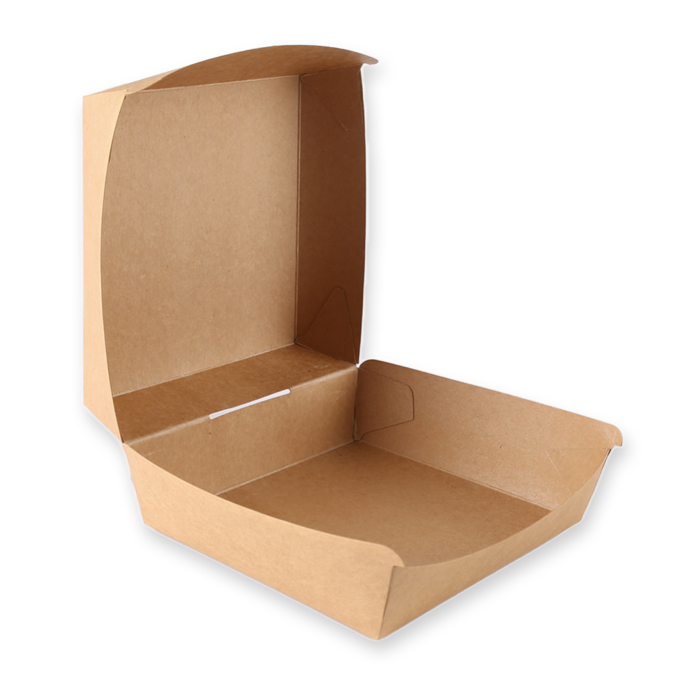 Hamburger-Box aus Kraftpapier mit geöffnetem Deckel