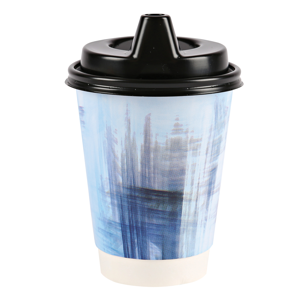Beak cup made of cardboard in the color blue in the front view 