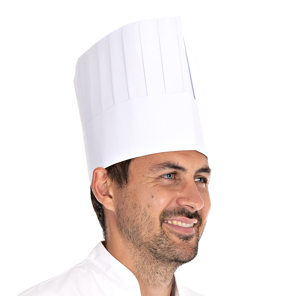 Kochmützen Le Chef aus Papier mit 20cm in der Schrägansicht