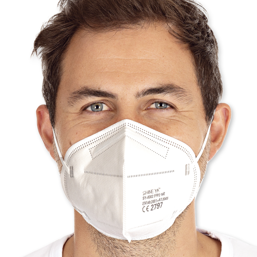 Atemschutzmasken FFP2 NR, vertikal faltbar, Ohrschlaufen aus PP als Kleinpackung in der Frontansicht