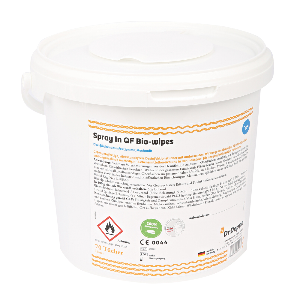 Surface disinfection wipe SprayIn QF made of cellulose in the dispenser bucket