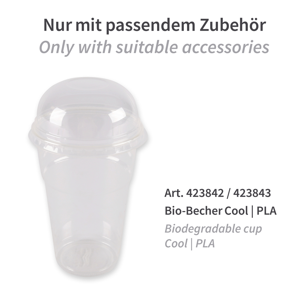 Lids for cold beverages cups made of PLA, art. 423865 with suitable accessories