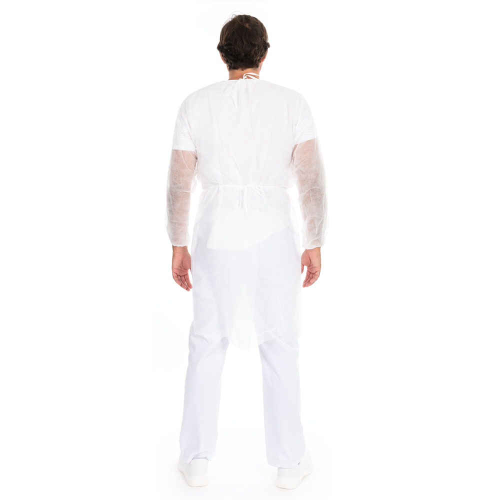 Hygiene-Kittel Eco mit Armgummi aus PP in weiß in der Rückansicht