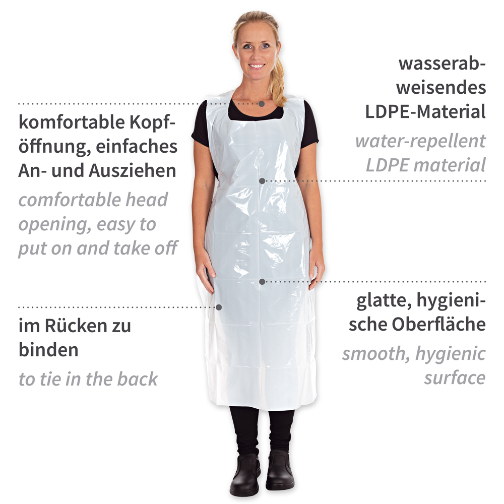Disposable aprons on roll, 35my from LDPE in the front view with description in white