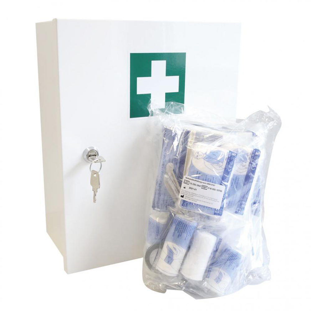 First aid metal cabinet Basic according to DIN 13157 in the front view with content