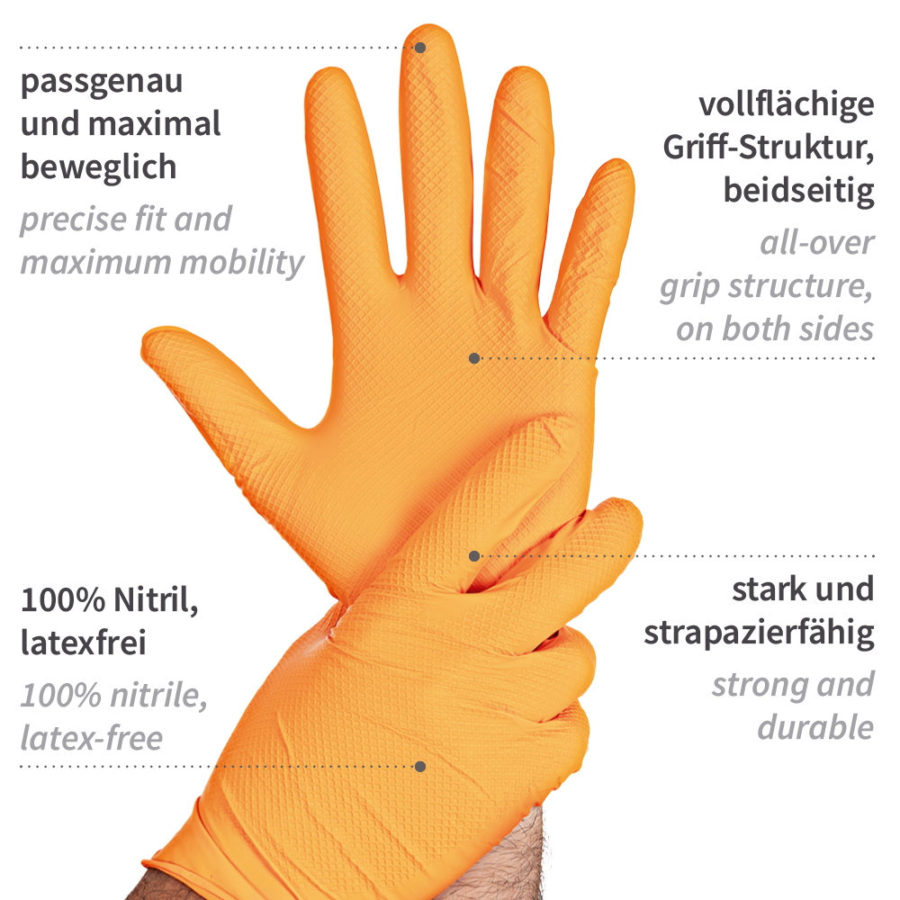 Nitrile gloves Power Grip Light, powder-free in orange with desciption