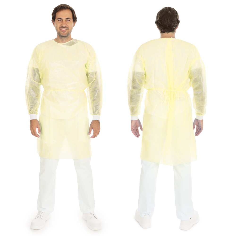 Gowns Light with velcro made of PP, PE partly laminated in yellow in the front and back view