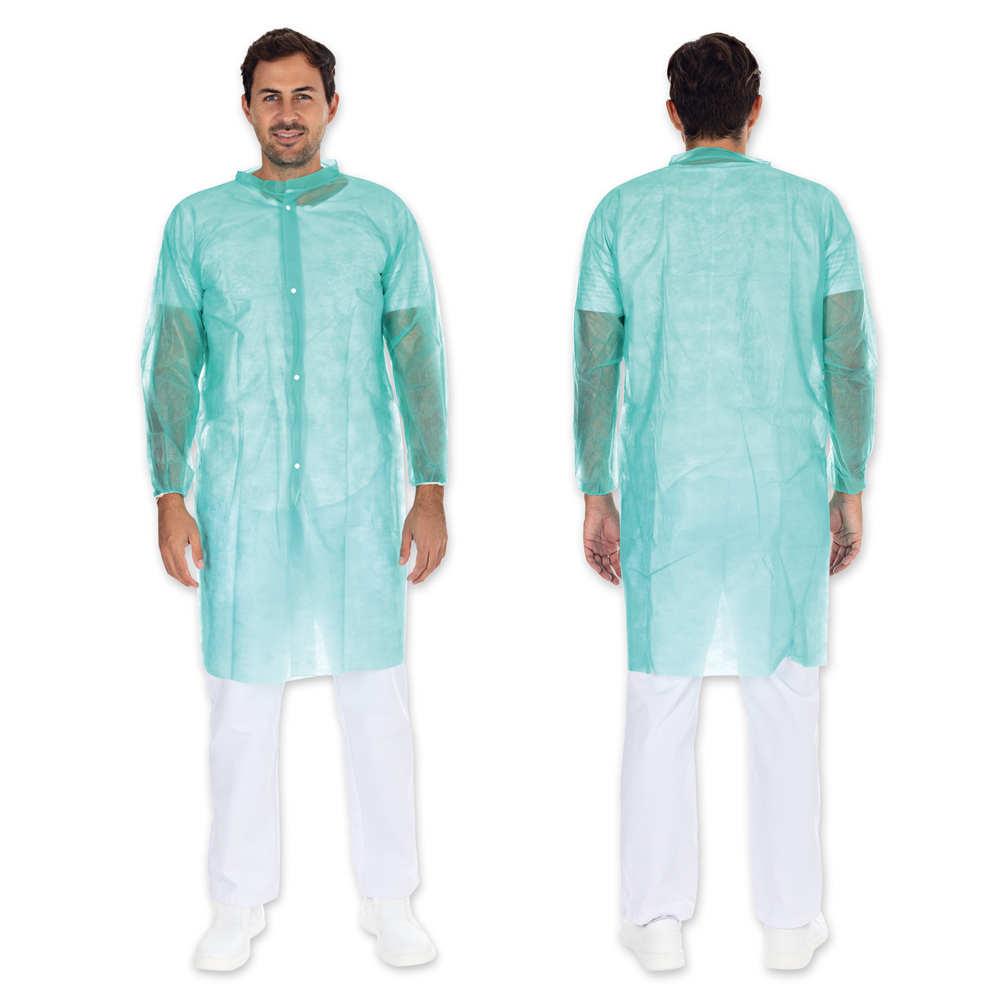 Visitor gowns Light with push buttons made of PP, front and back view, green