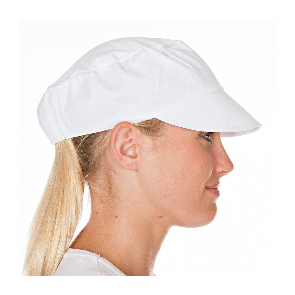 Peaked caps made of polycotton in white in the side view