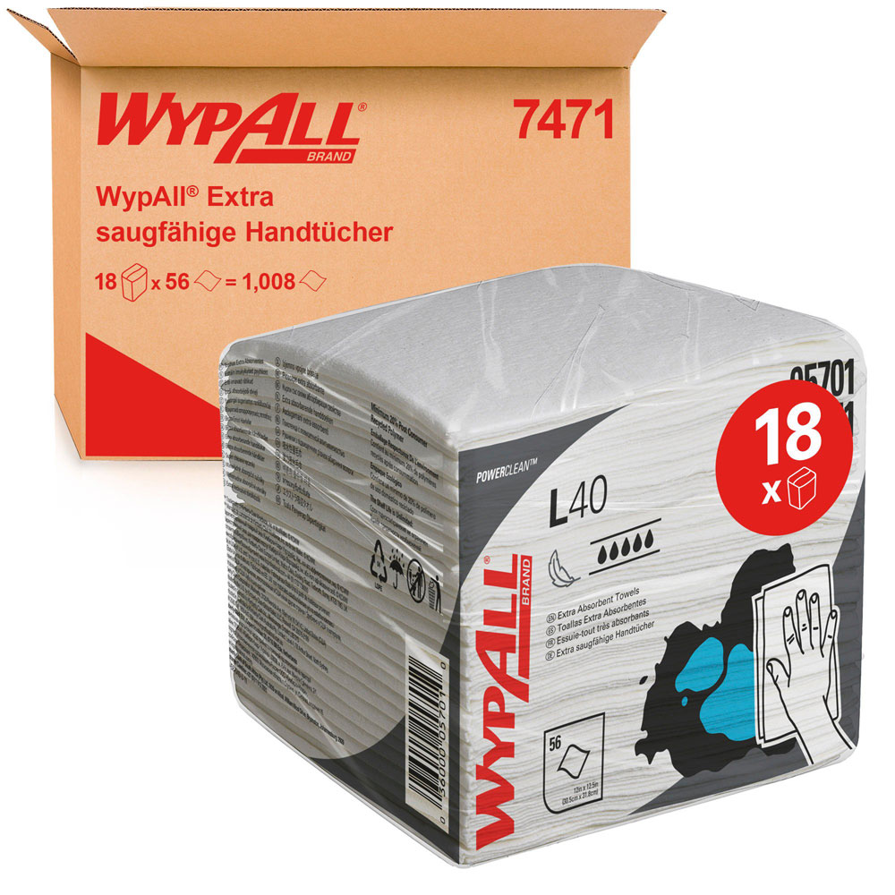 WypAll® L40 Power Clean™ Wischtücher, 1-lagig, viertelgefaltet, Verpackung WypAll® L40 Power Clean™ Wischtücher, 1-lagig, viertelgefaltet mit der Verpackung