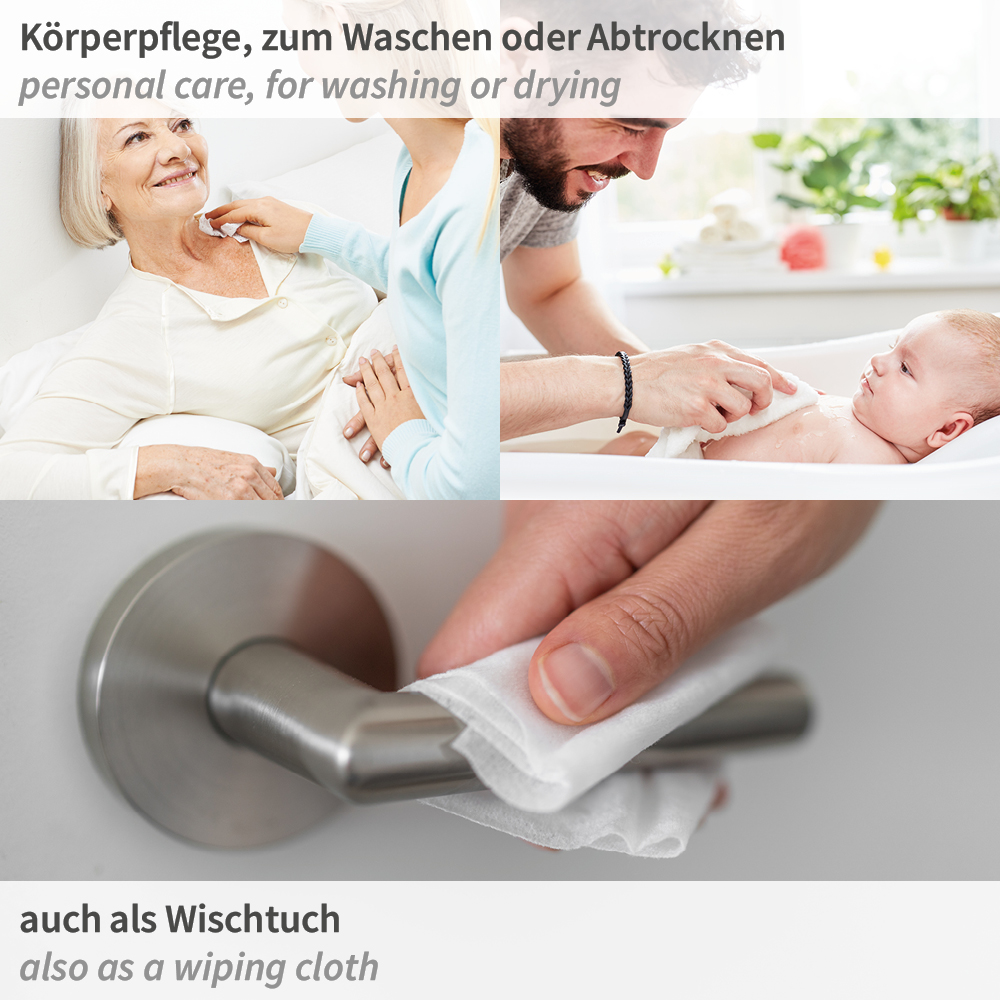 Pflegetücher Light, 29 x 38 cm, weiß aus Viskose/Polyester, gelegt, Beispiel Nutzung Pflegetücher Light, 29 x 38 cm, weiß aus Viskose/Polyester, gelegt Beispiel zur Benutzung