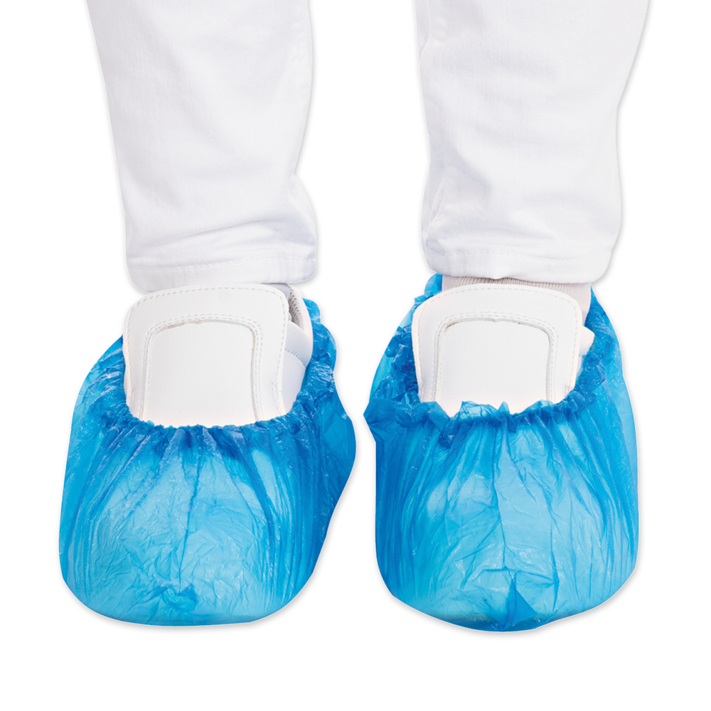 Überschuhe, blau aus CPE, Frontansicht Überschuhe, blau aus CPE in der Frontansicht