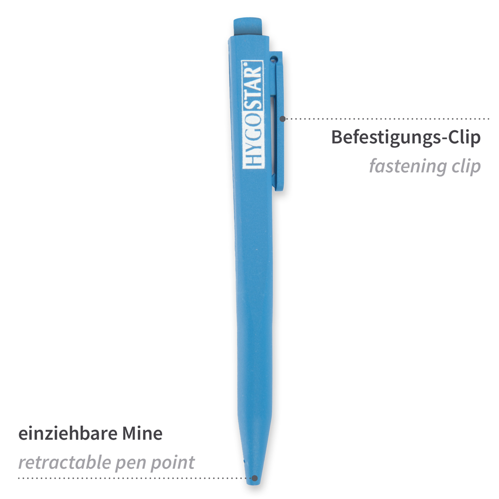 pen clip, retractable plastic, detectable in front view with description, blue
