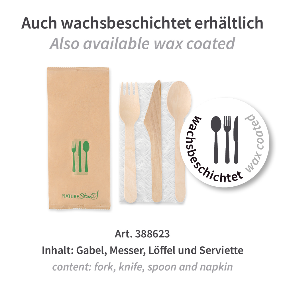 Biodegradable cutlery set "Triple" made of birch wood, FSC®-certified, alternative