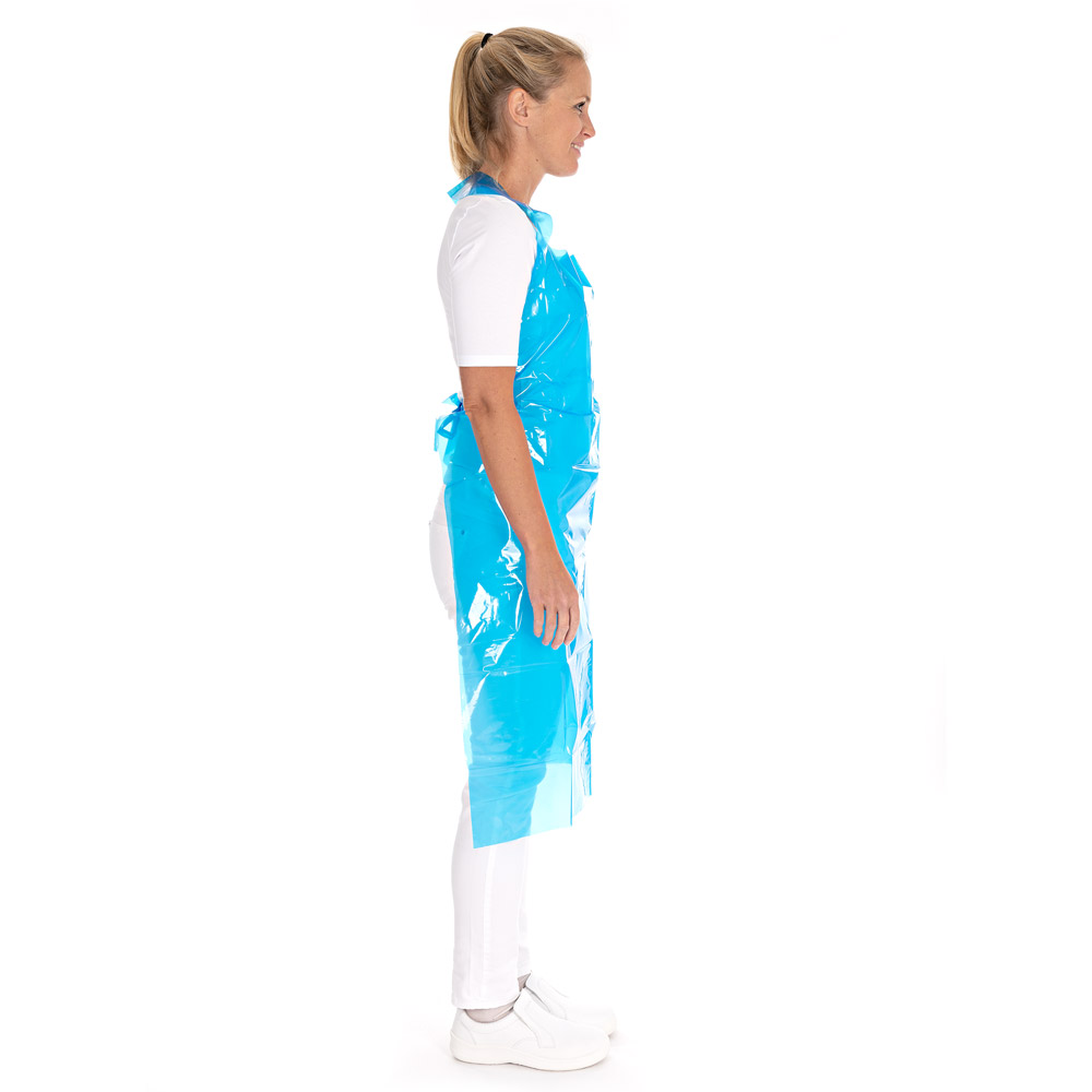 Disposable aprons approx. 50 my made of LDPE in blau in the side view