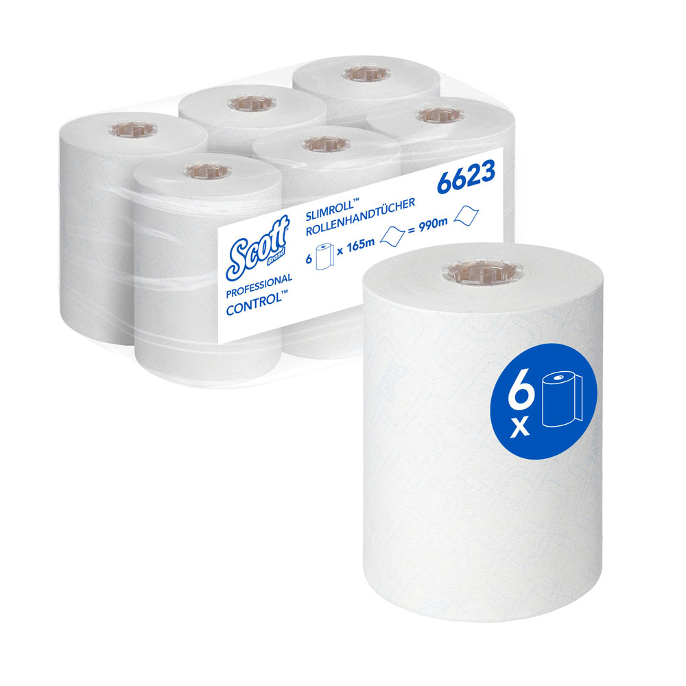 Scott® Control™ Slimroll™ Handtücher, 1-lagig auf der Rolle aus FSC®-Mix in der schrägen Ansicht