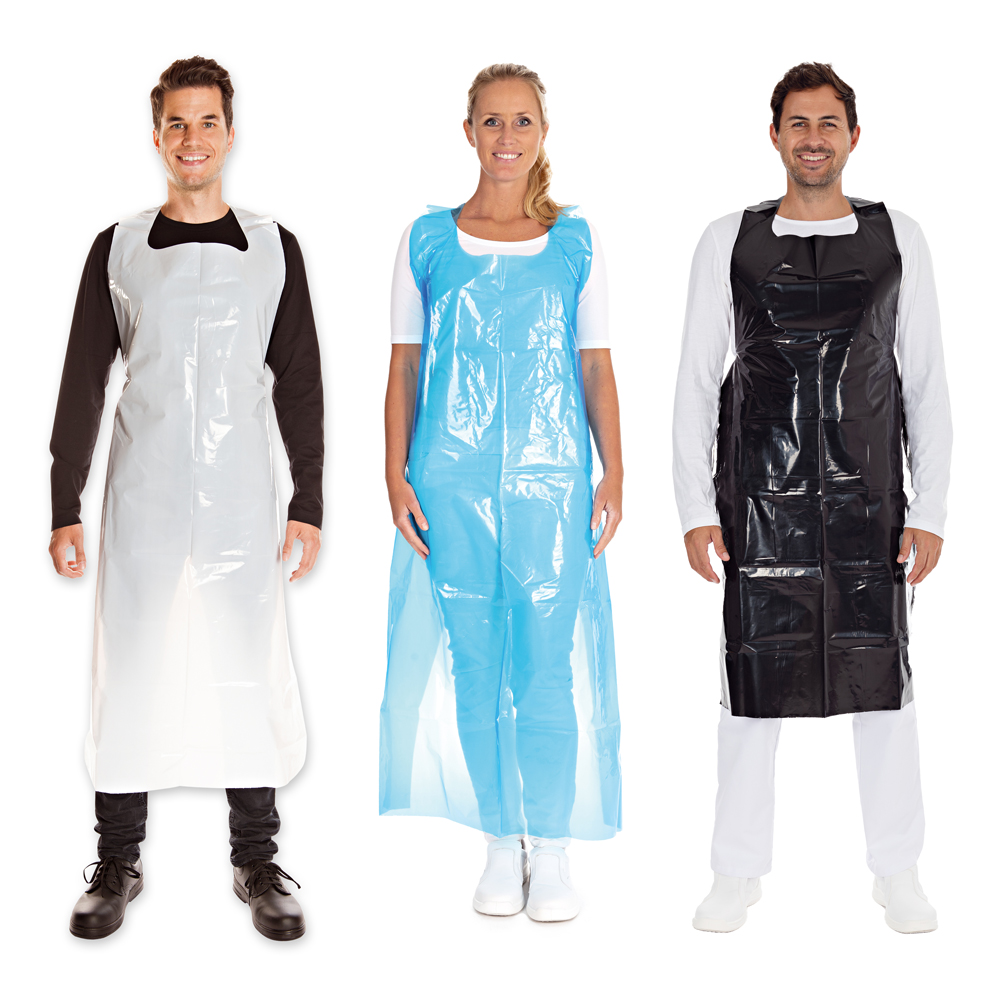 Disposable aprons approx. 60 my made of LDPE in different colors in front view 