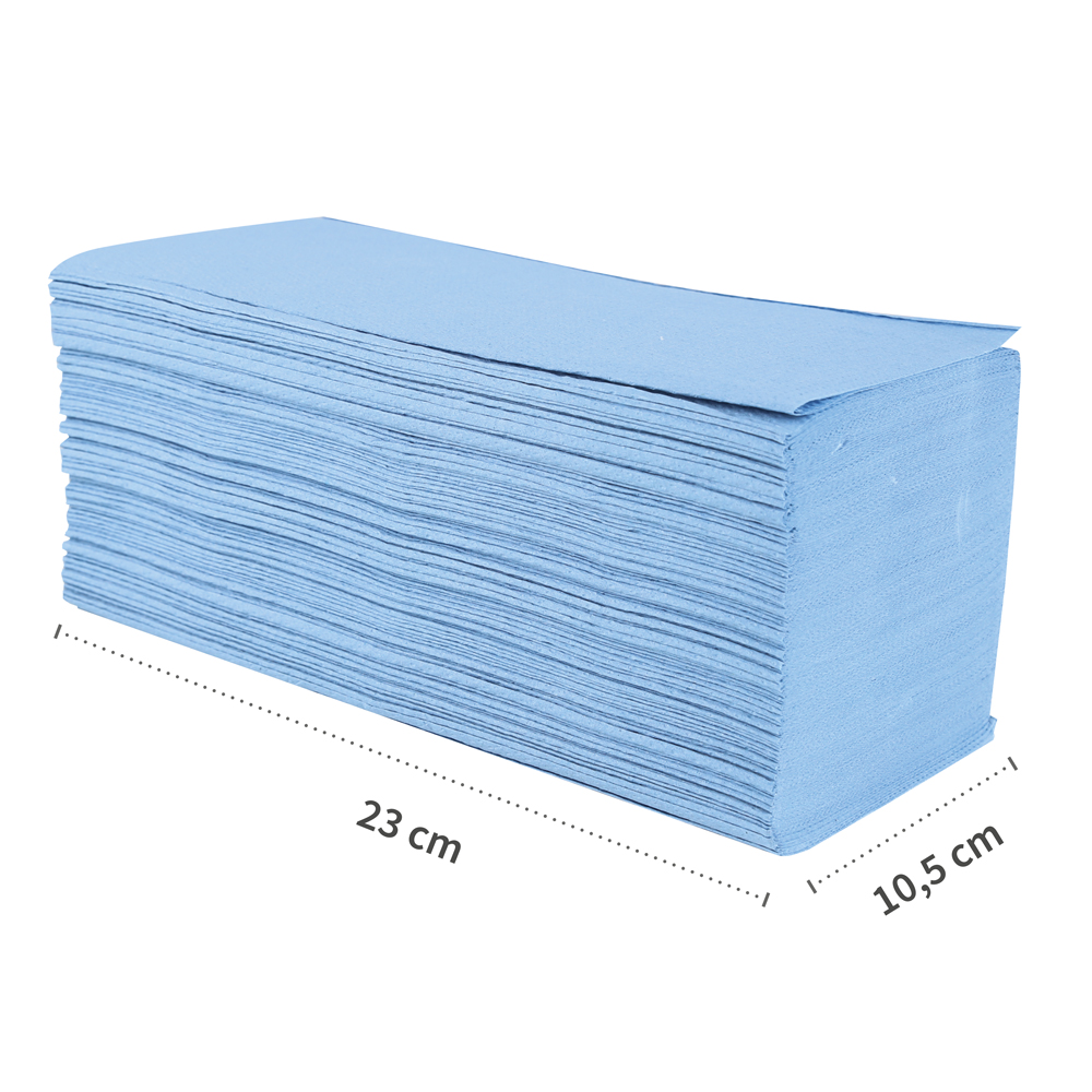 Papierhandtücher, 2-lagig aus Recyclingpapier mit V/ZZ-Falzung in blau mit Maßen