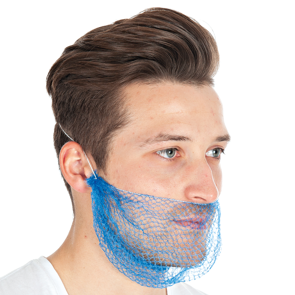 Beard cover made of nylon detectable in blue in the oblique view