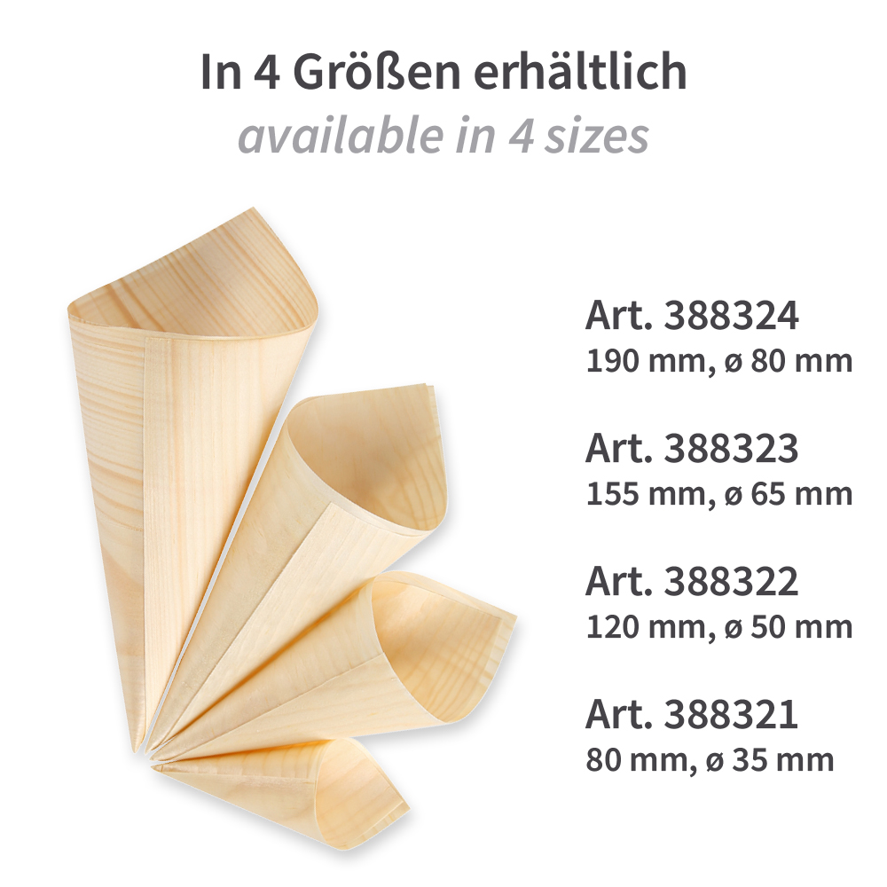 Biodegradable wooden cone made of Pine wood, different sizes