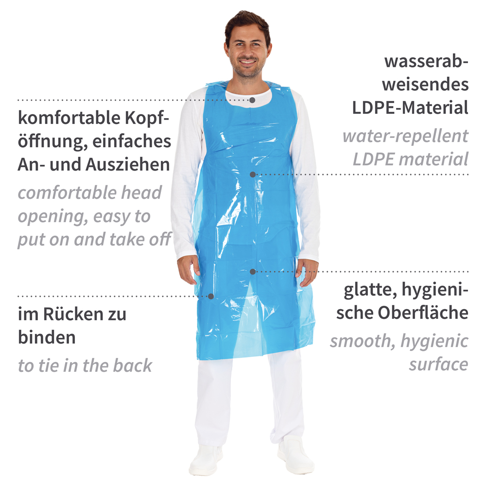 Disposable aprons on roll, 35my made of LDPE in front view with description in blue