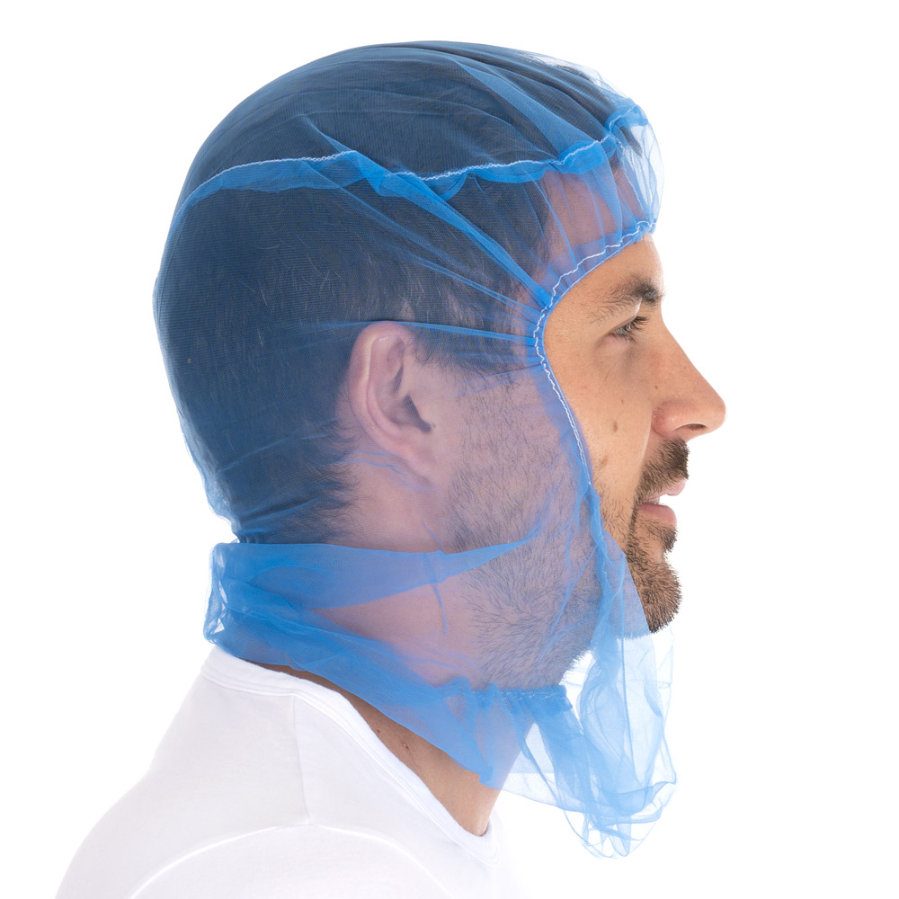 Astrohauben Micromesh | Nylon, blau, Seitansicht, unter Kinn Astrohauben Micromesh aus Nylon in blau in der Seitansicht unter dem Kinn