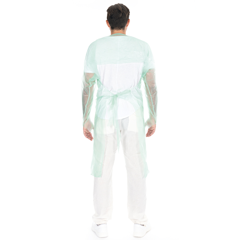 Examination gowns made of CPE in green in the back view