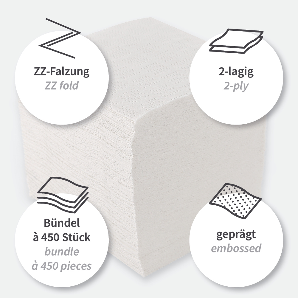 Toilettenpapier, Einzelblatt, 2-lagig aus Zellulose, Interfold, FSC®-Mix mit Eigenschaften