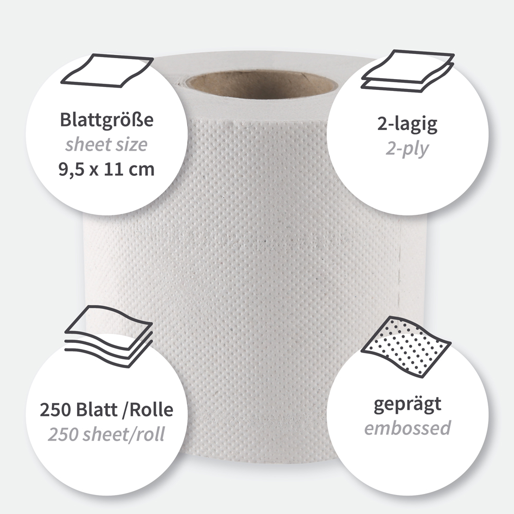 Toilet paper, small roll, 2-ply made of recycled paper, features
