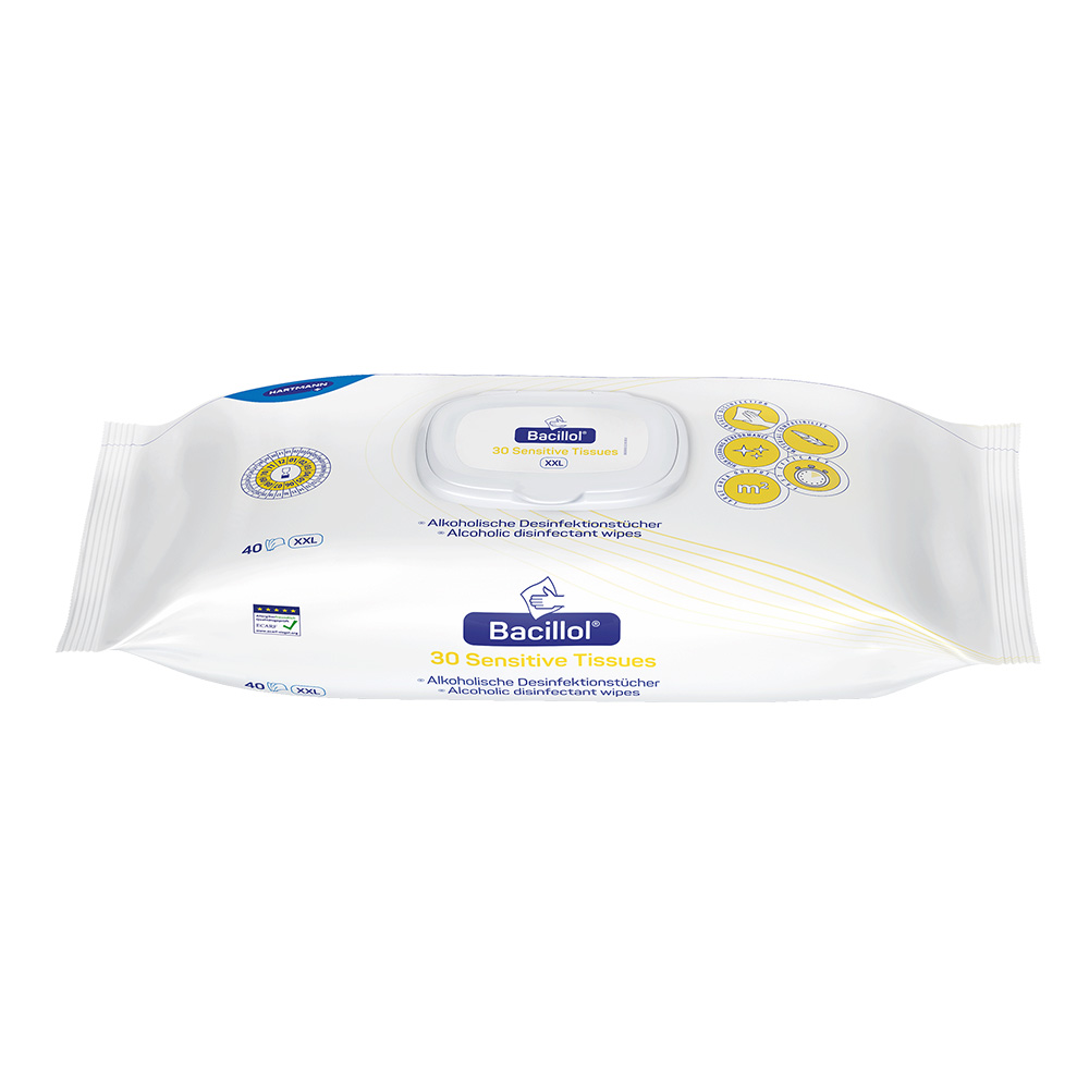 Hartmann Bacillol® 30 Sensitive Tissues, alcoholic disinfectant wipes, front view Hartmann Bacillol® 30 Sensitive Tissues, alcoholic disinfectant wipes, front view