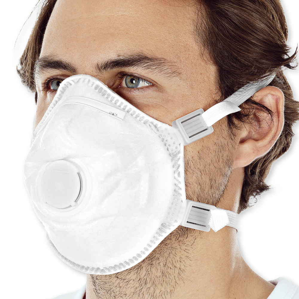 Atemschutzmasken FFP3 NR D mit Ventil, vorgeformt aus PP in der schrägen Ansicht