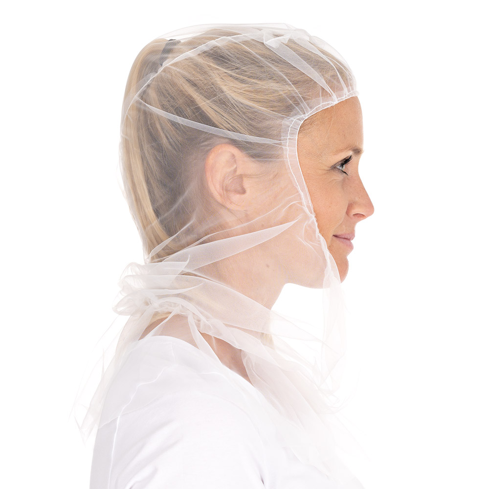 Astrohauben Micromesh mit Cape | Nylon, weiß, Seitansicht, unter Kinn Astrohauben Micromesh mit Cape aus Nylon in weiß in der Seitansicht unter dem Kinn