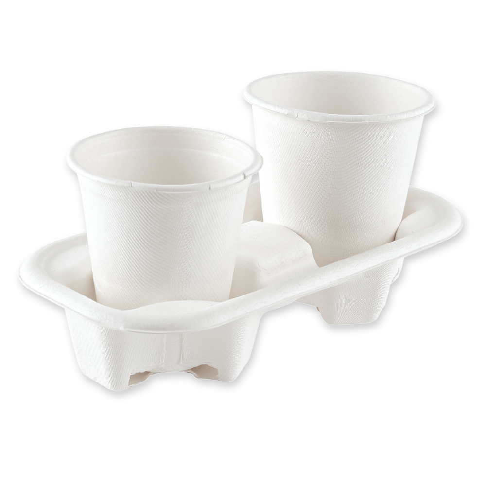 Bio Becherhalter Double | Zuckerrohr, Schrägansicht Bio Becherhalter Double aus Zuckerrohr, Schrägansicht