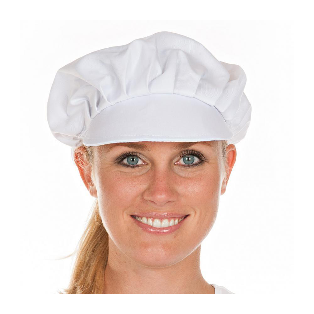 Peaked bouffant caps made of polycotton in white in the front view