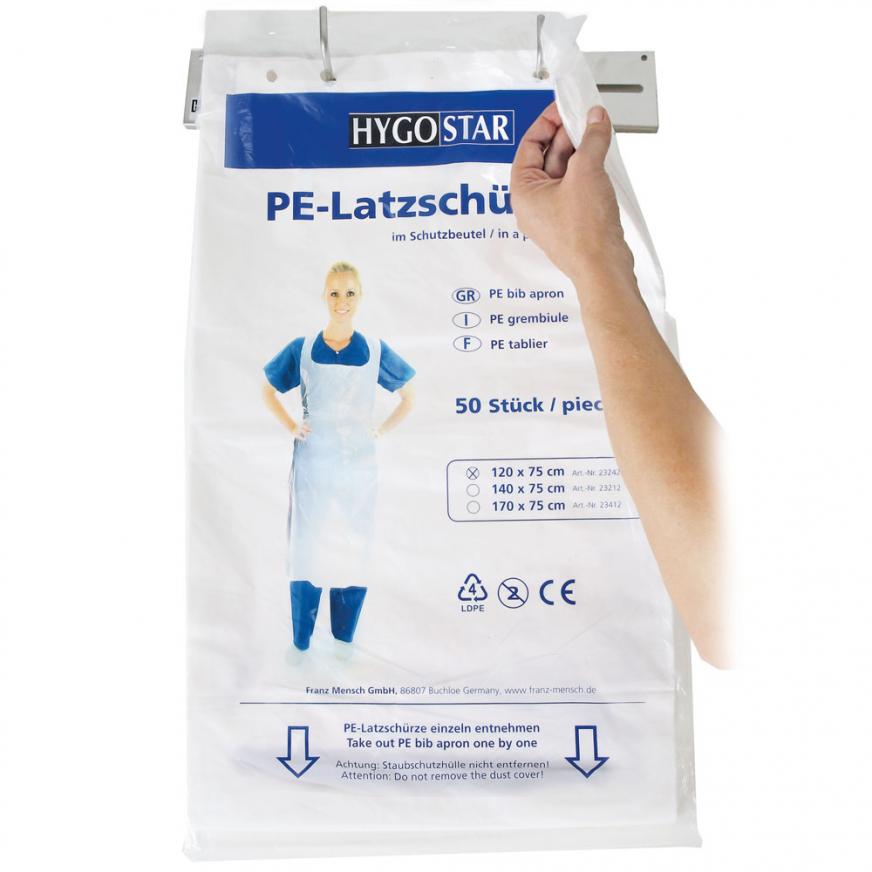 Disposable aprons blocked in protective LDPE bag in front view