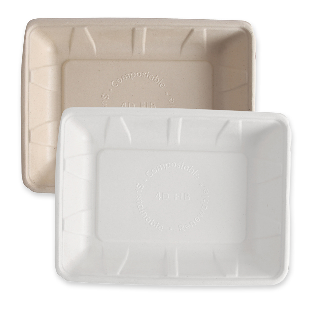 Organic foodtrays, rectangular made of bagasse with both colours in the top view